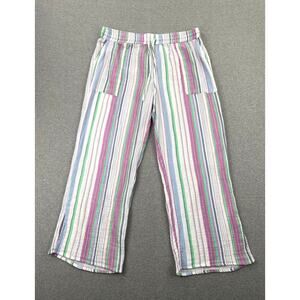 Caslon Wide Leg Cotton Gauze Drawstring Pants Womens L Striped White Pink Blue